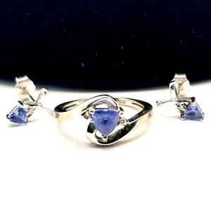 14K Blue Iolite Diamond Chip Earring & Ring Set Size 5.25 White Gold Periwinkle  - Picture 1 of 14