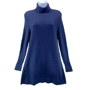 Lands End Sweater Dress Medium 10-12 Navy Blue 100% Cotton Cable Knit Turtleneck - Picture 1 of 8