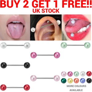 Pearl Tongue Bar Ear New Acrylic Barbell Eyebrow Nipple Tragus Surgical Steel UK - Picture 1 of 17