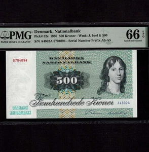 Denmark 500 Kroner 1980 P-52c * PMG Gem Unc 66 EPQ * Prefix A4 * - Picture 1 of 2