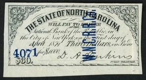1871 $30 Western North Carolina State Railroad Co. Bond Coupon WNCRRCo - Raw XF - Picture 1 of 2