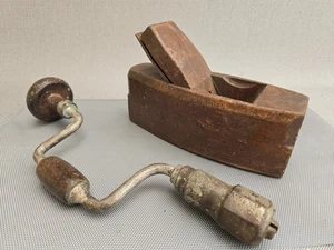 Vintage Tools Wooden Coffin Plane And Hand Drill - Picture 1 of 10