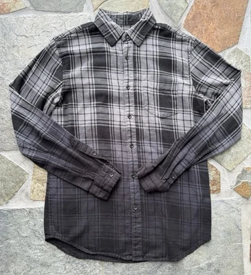 George Mens Med Slim Fit Dip Dye Gray/Blk Plaid Button Up Flannel Shirt - Image 1 of 4