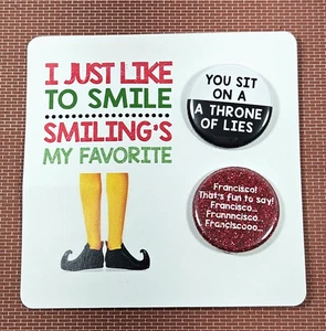 2 Vintage ELF Christmas Movie Pins Pinback Buttons ~ Throne of Lies, Francisco! - Picture 1 of 2