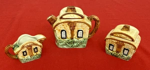 Vintage Handpainted 3 Piece Ceramic Tea Set W Country Cottage Pattern Made Japan - Picture 1 of 21
