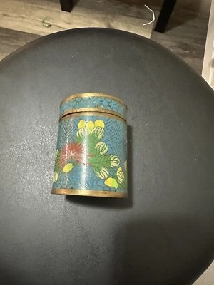 Caja cilíndrica vintage china de latón y cobre azul floral Cloisonne con tapa 1935 Foto 1 de 4