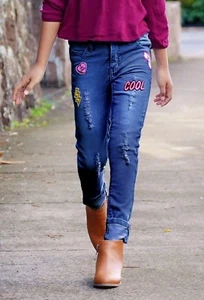 GIRLS Distressed Roll-Up Patch Jeans - Picture 1 of 3