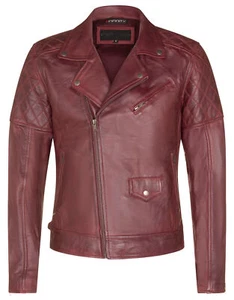 Mens Cross Zip Leather Biker Jacket Retro Burgundy Red Vintage Quilted Jacket - Picture 1 of 4