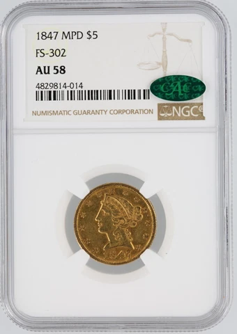 1847 MPD FS-302 Half Eagle NGC AU58 Liberty Head $5 Cover