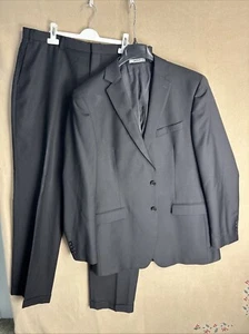 DKNY 44L 38x34 Solid Black 100% Wool Mens 2 Piece Suit Two Button Flat Front - Picture 1 of 18