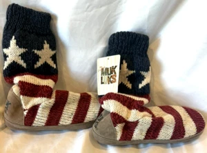 Stars Stripes America Patriotic USA MUK LUKS Cable Knit Bootie Size 7/8 Slippers - Picture 1 of 9