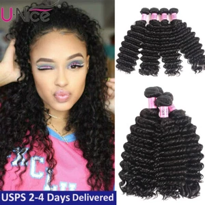 UNice Hair Indian Deep Wave Bundles Human Hair Extension Curly Virgin Hair Weave - Picture 1 of 12