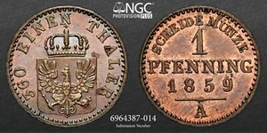 1859A GERMANY PRUSSIA 1P NGC MS 63 BN - Picture 1 of 5