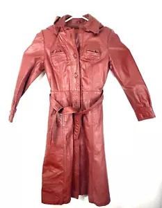 VTG Women's 70s 60s Maroon Leather Hooded Long Overcoat Sz 9/10 - Picture 1 of 12