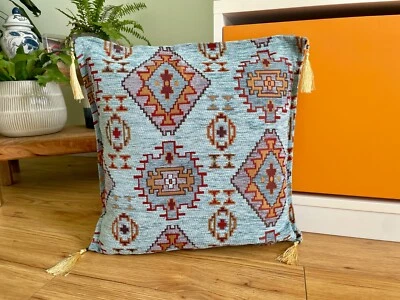 Soft Blue Kilim Cushion Cover with Tassels | 40x40cm, Tribal Geometric Pattern - Image 1 of 4