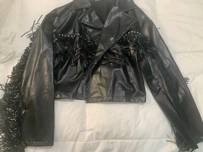 Shein Womens Black Faux Leather Motorcycle Jacket Large W/Tassels - Image 1 of 4