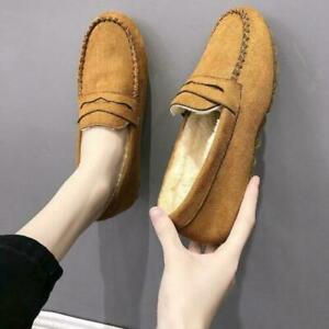 Real Suede Faux Fur Trim Fleece Lined Warm Moccasin Slippers Shoes Ladies Womens