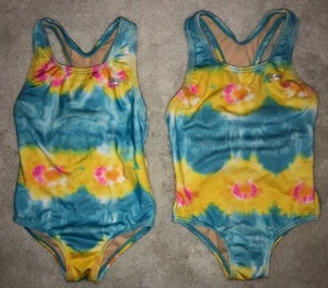 Speedo Twin Girls Size 4 One Piece Swim Suits Tie Dye Blue Yellow Pink EUC - Picture 1 of 5