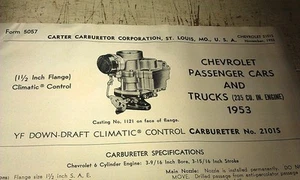 1953 CHEVROLET CARS &  TRUCK - CARTER CARBURETER Specs Leaflet - Picture 1 of 3