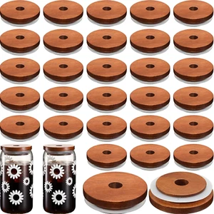 30 Pcs Wooden Jar Lids with Straw Hole Mason Wide Mouth Wood Jar Lids Reusable J - Picture 1 of 7
