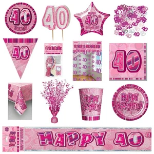 Glitz Pink 40th Birthday Party Tableware Decoration Plates Banners Candle Age 40 - Picture 1 of 13