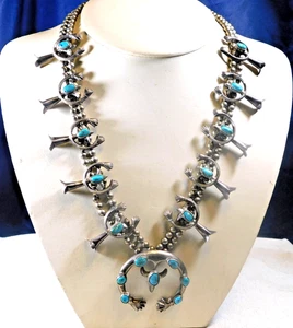 NATIVE AMERICAN Sterling TURQUOISE Handmade Vintage SQUASH BLOSSOM NAJA NECKLACE - Picture 1 of 8