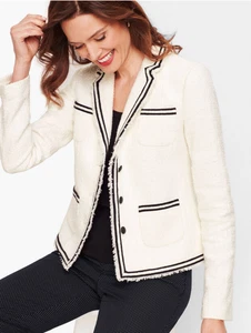 NWOT Talbots Piped Tweed White & Navy Pocketed Button Down Collared Jacket Sz 4 - Picture 1 of 15