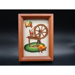 Crewel Embroidery Hanging Framed Spinning Wheel Vtg 4x6 Cottage Core Nostalgic - Picture 1 of 5