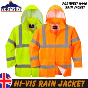 Portwest Hi Vis Waterproof Jacket Visibility Packaway Safety Hood Rain Coat H440