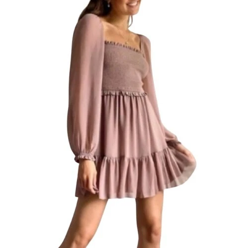 Aritzia Wilfred Tempest Dress LARGE Mauve Brown Smock Square Neck Sheer Sleeves - Image 1 of 4