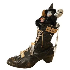 Witch Boot Assemblage Art Creepy Halloween Skeleton Black Cat Sculpture OOAK - Picture 1 of 22
