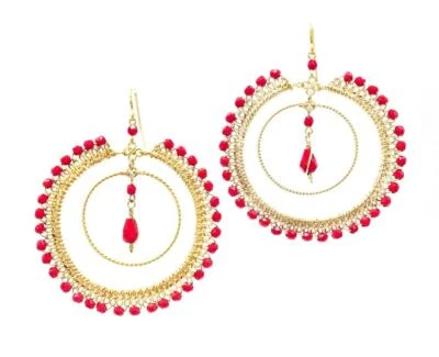 PRECIOSOS Pendientes Araña Anillos Circulares de Encaje Rellenos de Oro Cristales Rojos Coral Foto 1 de 3