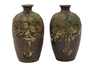 PAIR OF VINTAGE 50's TSUBOYA OKINAWA HIGH RELIEF PALM TREE POTTERY JAPANESE VASE - Picture 1 of 24