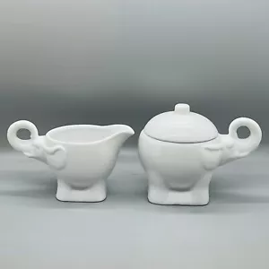 Pier 1 Elephant Creamer & Sugar Bowl Set with Lid Trunks Up White Elephant Gift - Picture 1 of 7