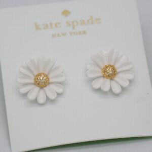 Kate spade Gold Tone Paved White Enamel Cut Crystals CZ Stud Daisy Earrings NWT