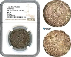 A7/341, Italy, Florence, Ferdinand II de Medici, Teston 1636, NGC AU58, Top Pop! - Picture 1 of 1
