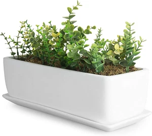 14-Inch Rectangular Ceramic Succulent Planter Pot, Window Box, Matte White - Picture 1 of 12