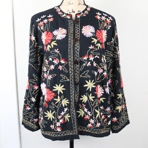 Vermont Country Store Women's Size S Floral Embroidered Linen Blend Jacket Boho