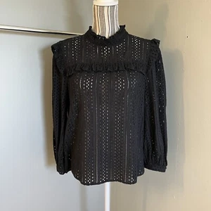 Madewell Womens Black Eyelet Mock Neck Tie Ruffle Boho Peasant Blouse S - Picture 1 of 14