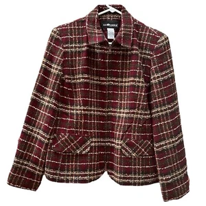 Sag Harbor Vintage Boucle Tweed Zip Front Jacket Burgundy Plaid Womens 10P - Picture 1 of 8