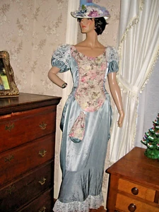 HANDMADE VICTORIAN LADY MEET ME IN ST.LOUIS BLUE/FLORAL BROCADE GOWN-PURSE-HAT - Picture 1 of 19