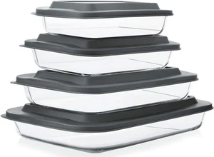 Juego de platos para hornear de vidrio profundo de 8 piezas con tapas de plástico, utensilios para hornear de vidrio rectangular - Imagen 1 de 7