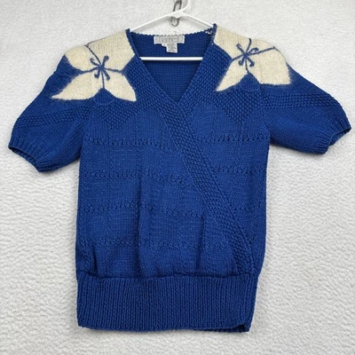 Suéter tejido a mano vintage Nannell para mujer azul blanco angora manga corta top pequeño Foto 1 de 4