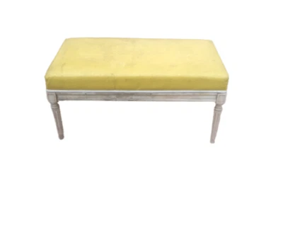 Vintage Mid Century Yellow Vinyl & Wood Bench Foot Stool  - Image 1 of 4