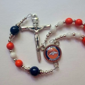 Denver Broncos Rosary Necklace Football Orange Navy Blue and White Gemstones - Picture 1 of 14