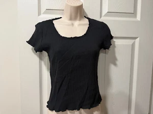 Womens Ambiance Apparel ribbed Top Black Short Sleeve Cotton Blend Medium - Picture 1 of 3