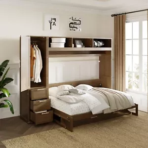 Full Size Murphy Bed with Wardrobe Storage Drawers Open Shelves Antique Wood - Picture 1 of 24