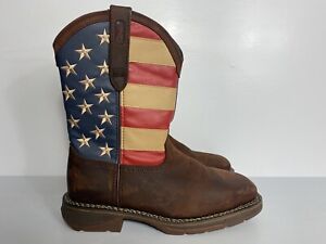 MEN'S PATRIOTIC SQUARE TOE WESTERN BOOTS BROWN With American Flag Size 9.5 M