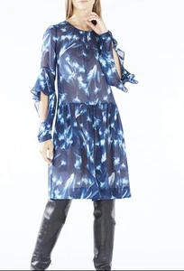 Nuevo Vestido BCBG MAXAZRIA Manga Larga Rodilla Estampado Floral S 6 Azul Caribe - Imagen 1 de 7