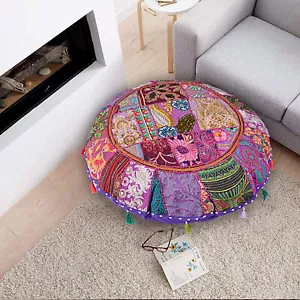32" Round Floor Pillow Cushion Cover Green Decorative Patchwork Indian Handmade" - Picture 1 of 9